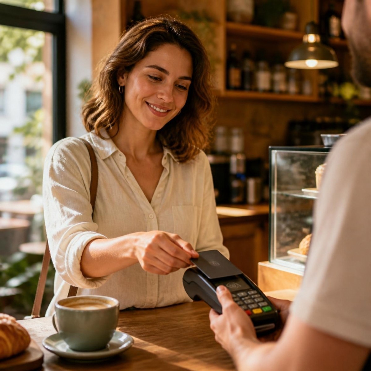 A woman tapping a card on a contactless reader at a coffee shop counter
