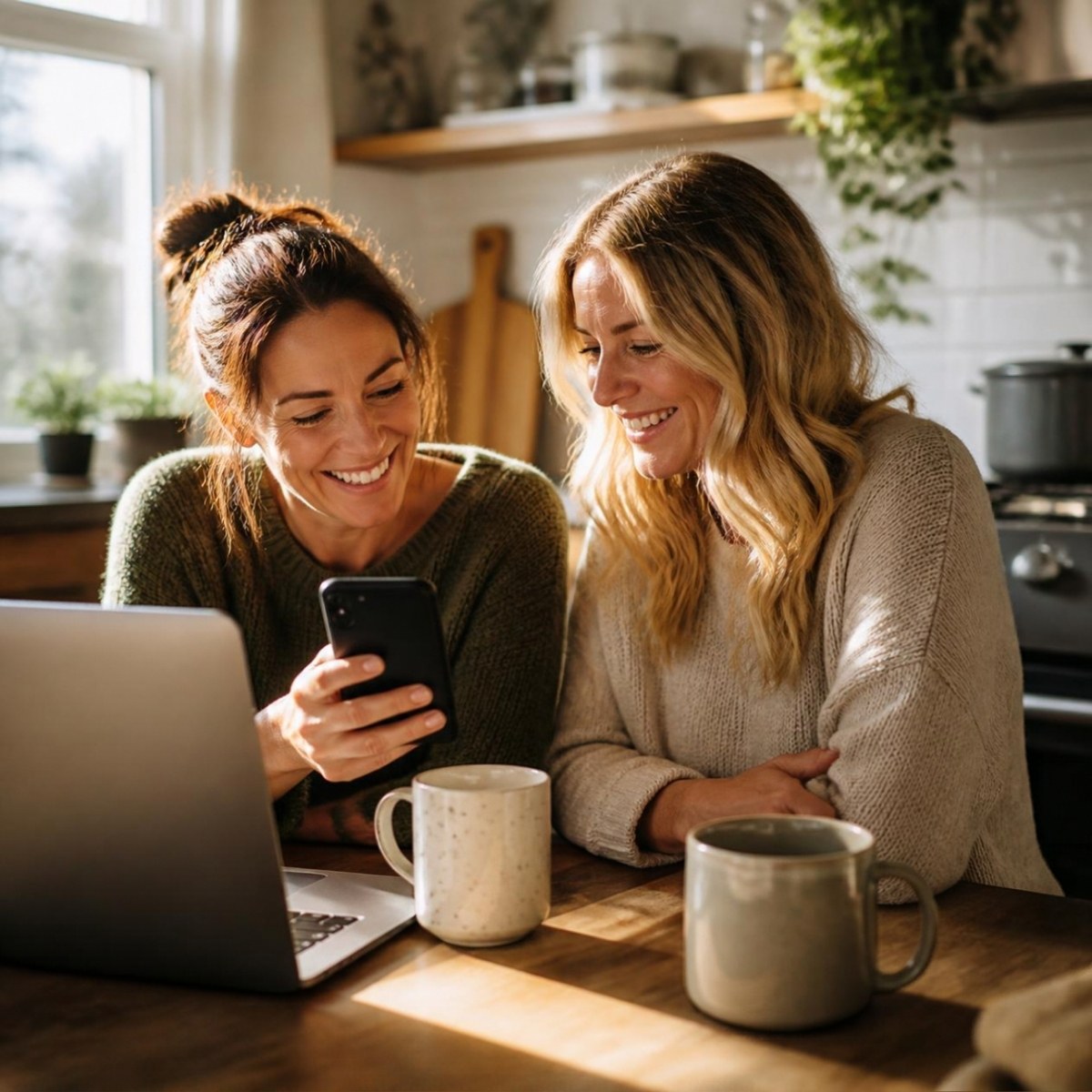 Two friends at a kitchen table looking at a phone together